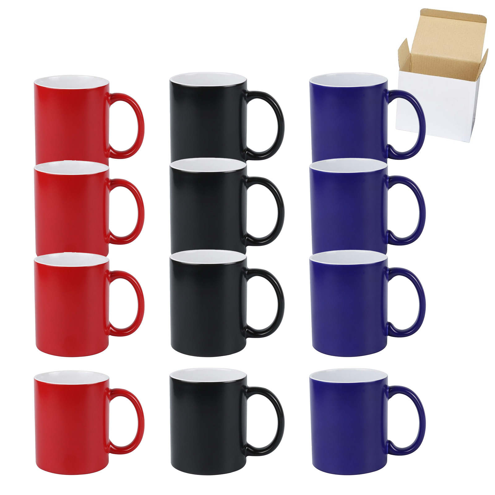 CALCA 36 Pack Economy 11oz Ceramic Full Color Changing Sublimation Coffee Mug Blanks, Magic Cup, Black Red Blue