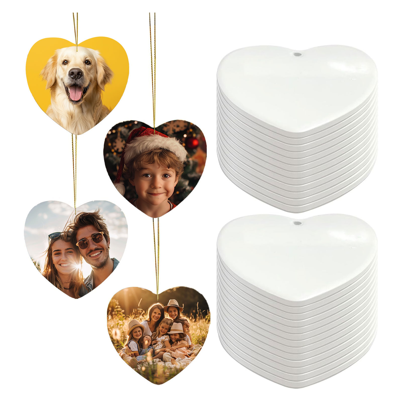 100PCS 3in Heart Sublimation Blanks Holiday Ornament with Strings Double-sided Sublimation Ceramic Ornament, Christmas Tree Hanging, Wedding New Year Hanging Dec