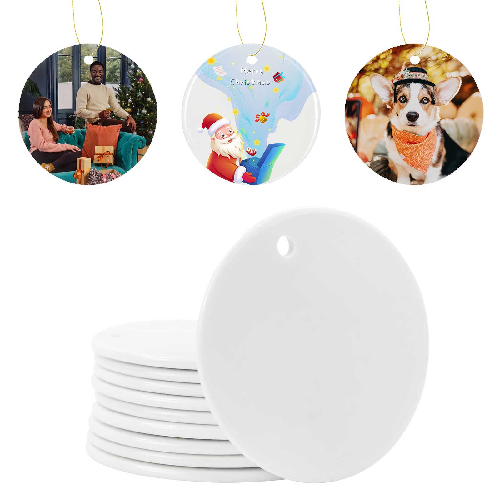 100PCS 2.8in Round Sublimation Blanks Holiday Ornament with Strings Double-sided Sublimation Ceramic Ornament, Christmas Tree Hanging, Wedding New Year Hanging Dec